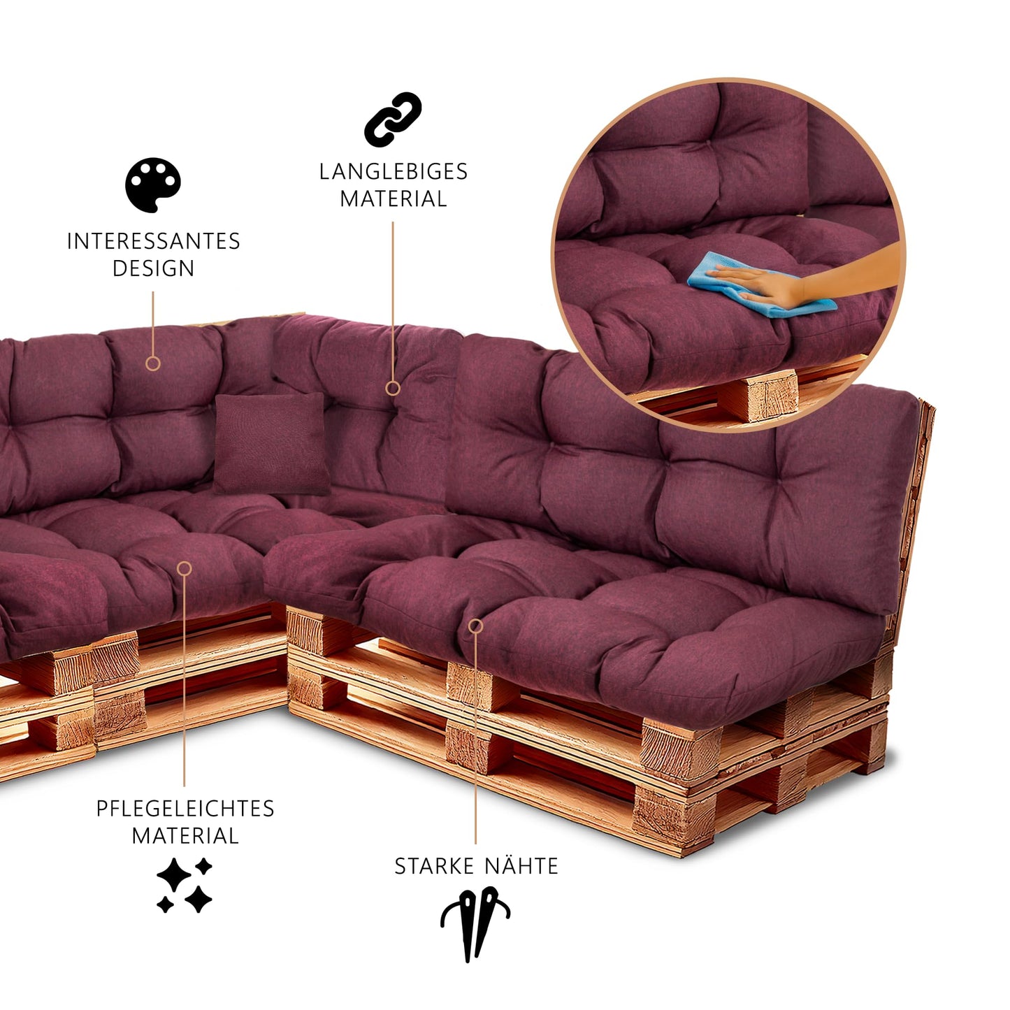 Best Wool Palettenkissen Set – Wetterfestes Sitz- & Rückenkissen 120x80 + 120x40 für Palettensofa & Gartenmöbel